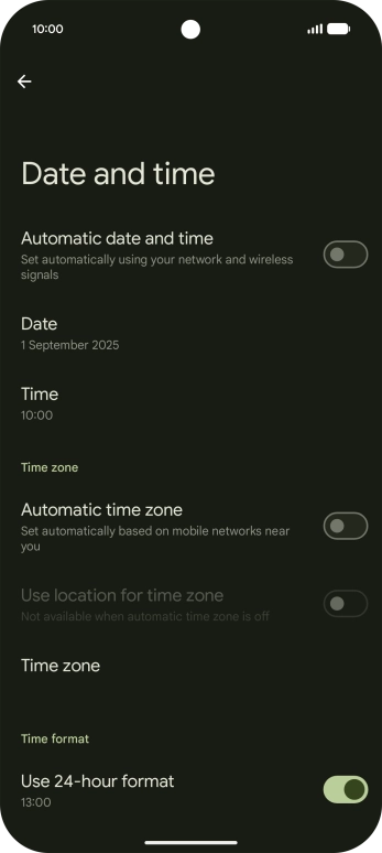 Press the indicator next to 'Automatic date and time' to turn on the function.