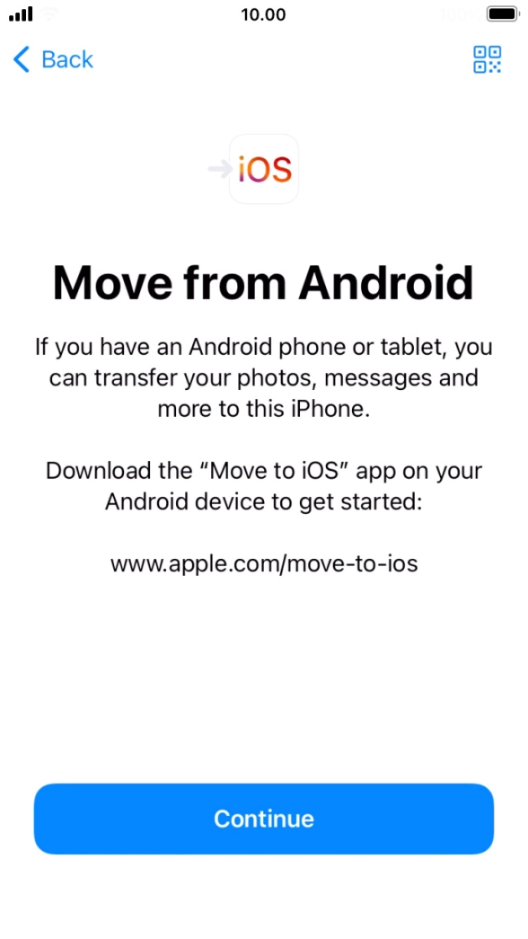 To transfer content to your phone, you need to install the app 'Move to iOS' on the Android phone. When the app is installed, press Continue.