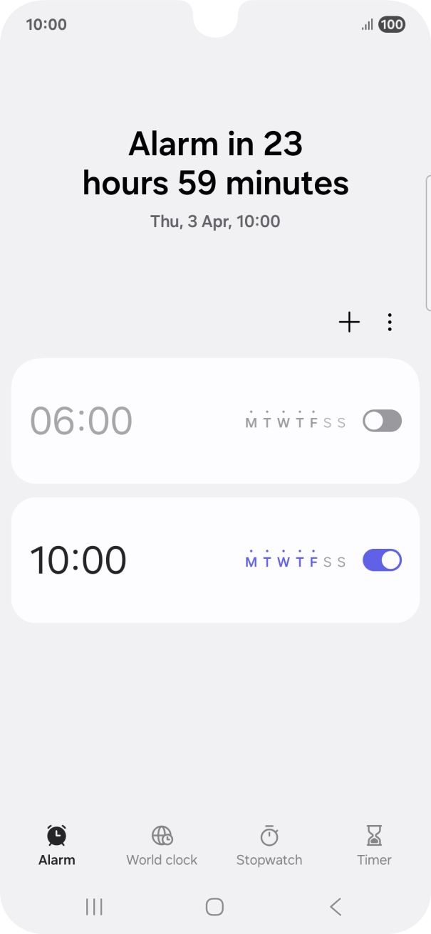 Press the indicator next to the required alarm to turn the alarm on or off.