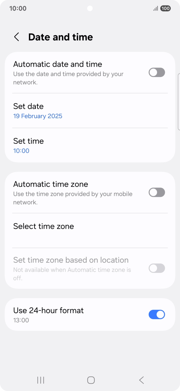 Press the indicator next to 'Automatic date and time' to turn on the function.