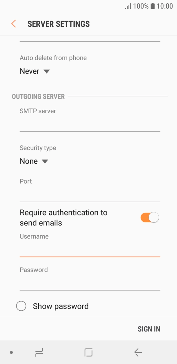 Press the field below 'Password' and key in the password of your email provider's outgoing server. Press the field below 'Password' and key in the password of your email provider's outgoing server.