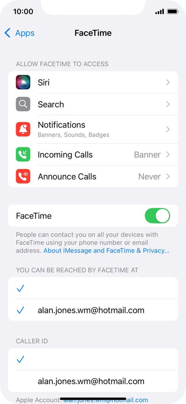 Press the indicator next to 'FaceTime' to turn the function on or off. Press the indicator next to 'FaceTime' to turn the function on or off.