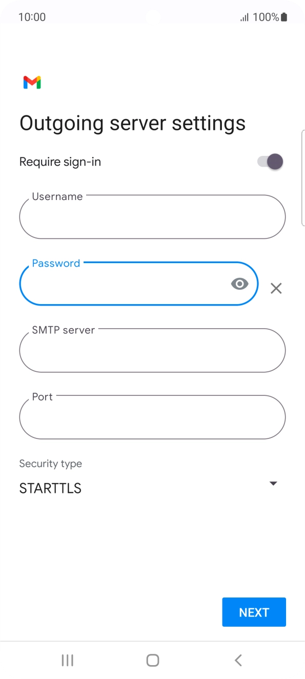 Press the field below 'SMTP server' and key in the name of your email provider's outgoing server. Press the field below 'SMTP server' and key in the name of your email provider's outgoing server.