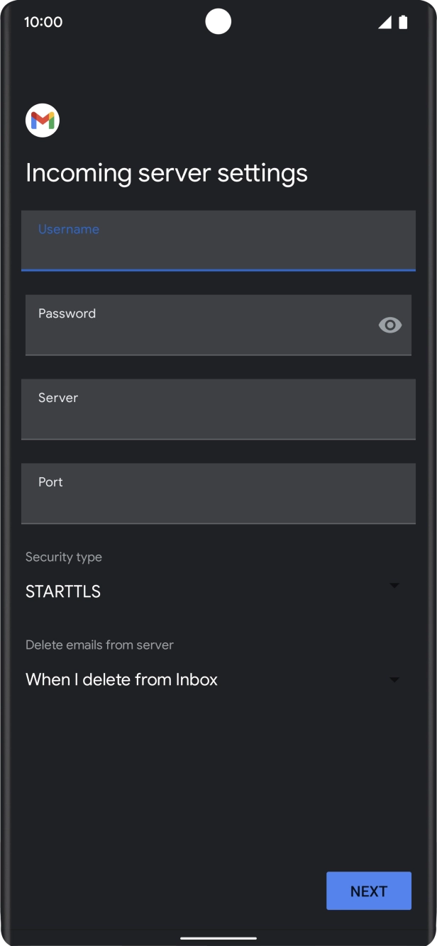 Press the field below 'Server' and key in the name of your email provider's incoming server. Press the field below 'Server' and key in the name of your email provider's incoming server.