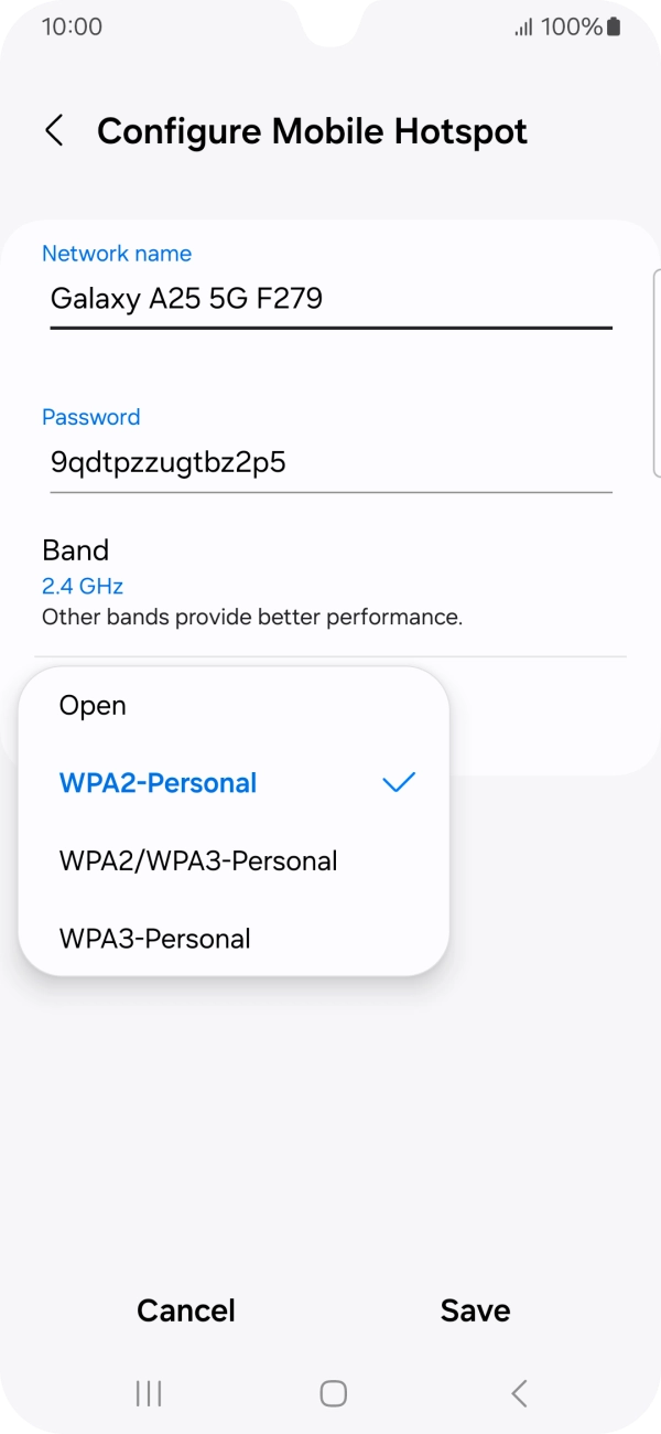 Press WPA3-Personal to password protect your WiFi hotspot.