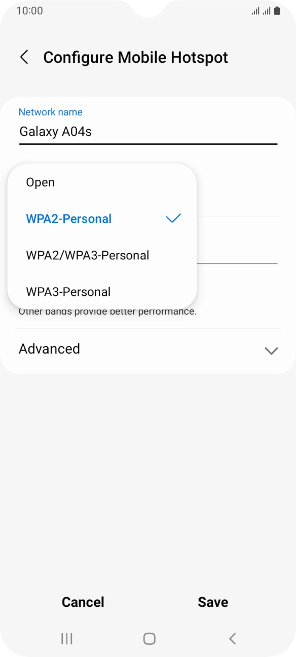 Press WPA3-Personal to password protect your WiFi hotspot. Press WPA3-Personal to password protect your WiFi hotspot.