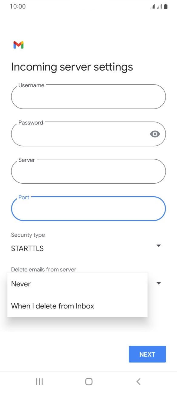 Press Never to keep emails on the server when you delete them on your phone. Press Never to keep emails on the server when you delete them on your phone.