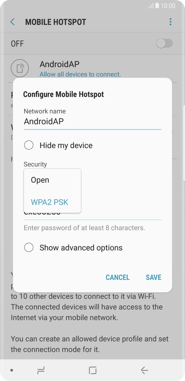 Press WPA2 PSK to password protect your WiFi hotspot. Press WPA2 PSK to password protect your WiFi hotspot.