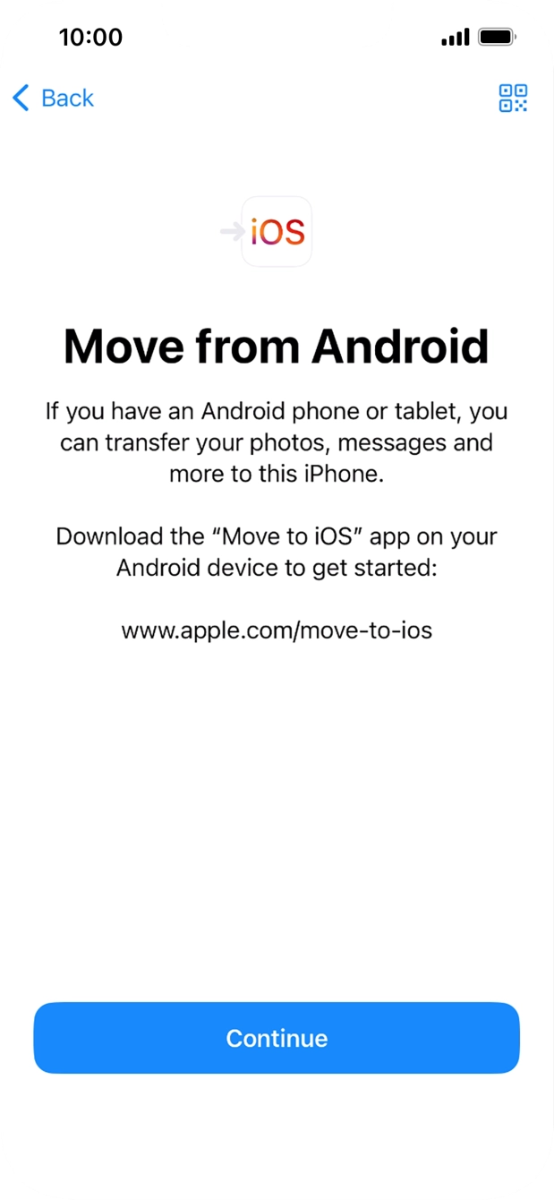 To transfer content to your phone, you need to install the app 'Move to iOS' on the Android phone. When the app is installed, press Continue.