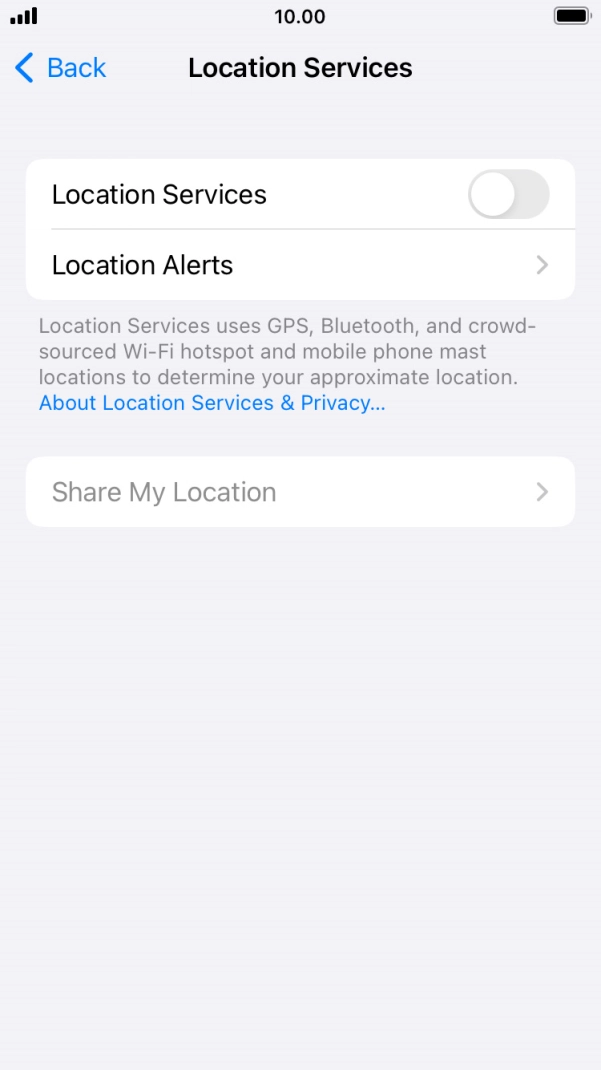 Press the indicator next to 'Location Services' to turn the function on or off. Press the indicator next to 'Location Services' to turn the function on or off.