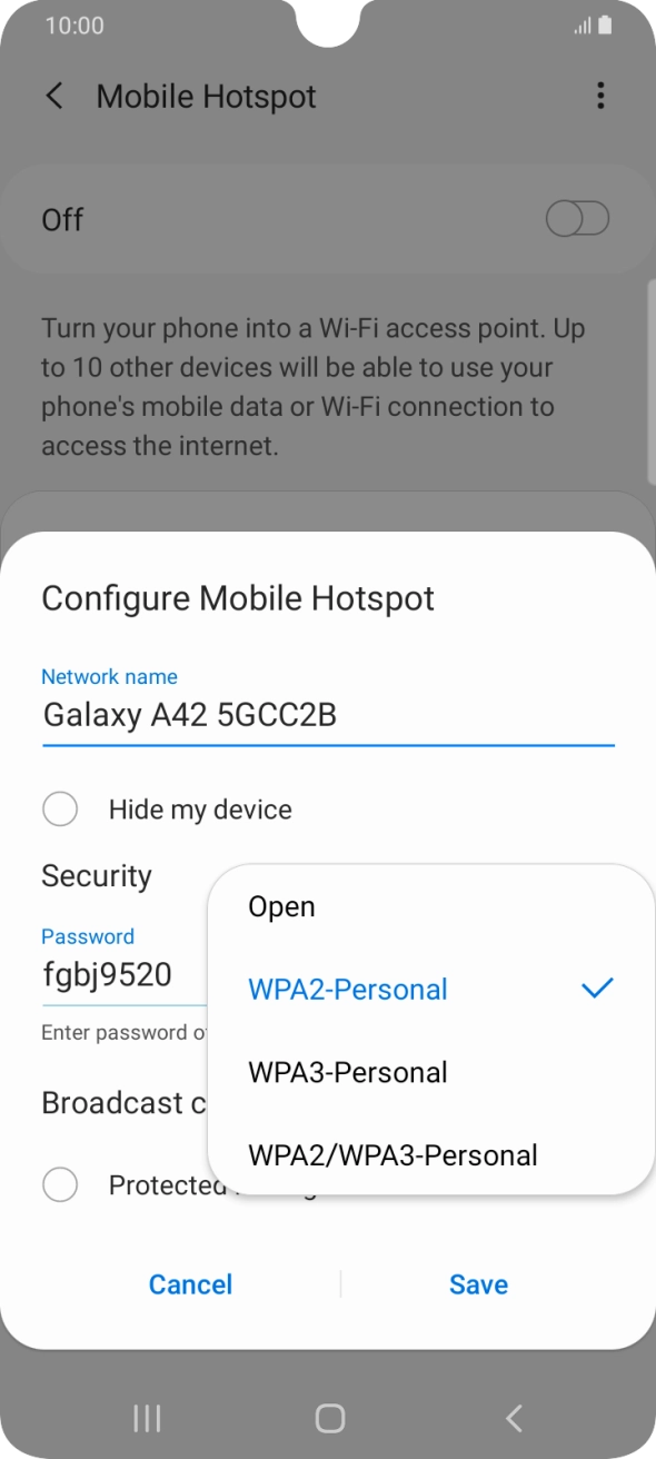 Press WPA2-Personal to password protect your WiFi hotspot. Press WPA2-Personal to password protect your WiFi hotspot.