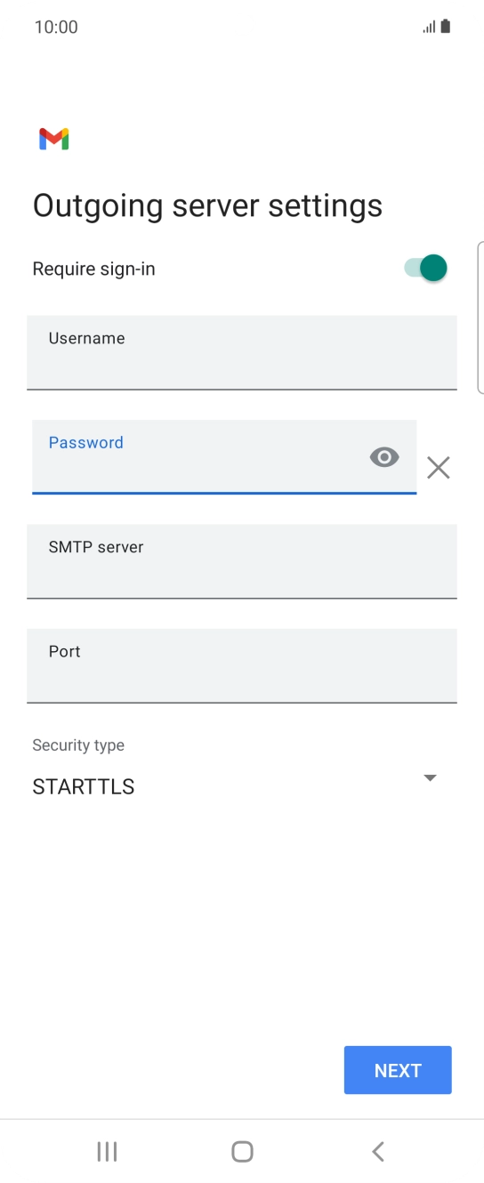 Press the field below 'SMTP server' and key in the name of your email provider's outgoing server. Press the field below 'SMTP server' and key in the name of your email provider's outgoing server.