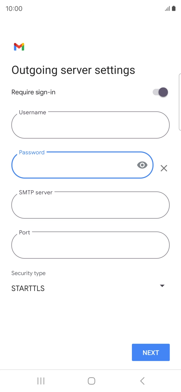 Press the field below 'SMTP server' and key in the name of your email provider's outgoing server. Press the field below 'SMTP server' and key in the name of your email provider's outgoing server.