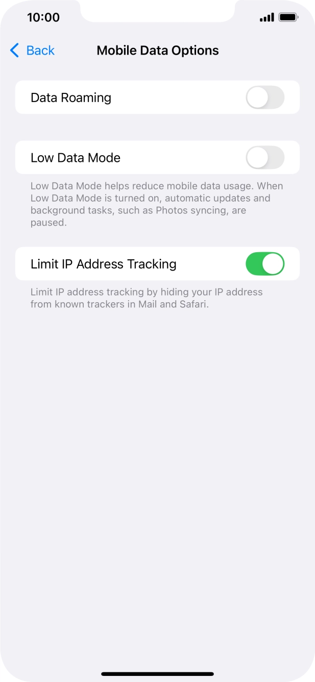 Press the indicator next to 'Low Data Mode' to turn the function on or off.