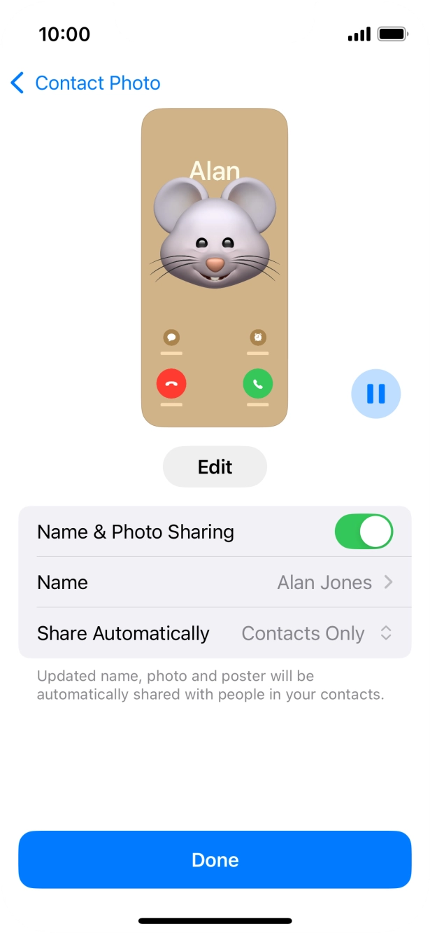 Press the indicator next to 'Name & Photo Sharing' to turn the function on or off.