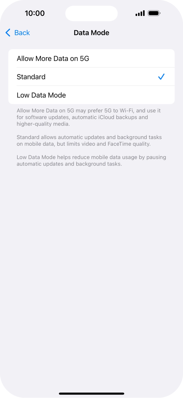 Press the required setting.