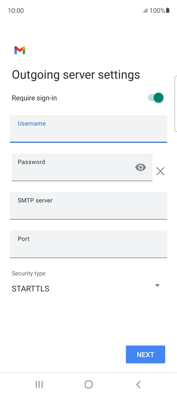 Press the field below 'Password' and key in the password of your email provider's outgoing server. Press the field below 'Password' and key in the password of your email provider's outgoing server.