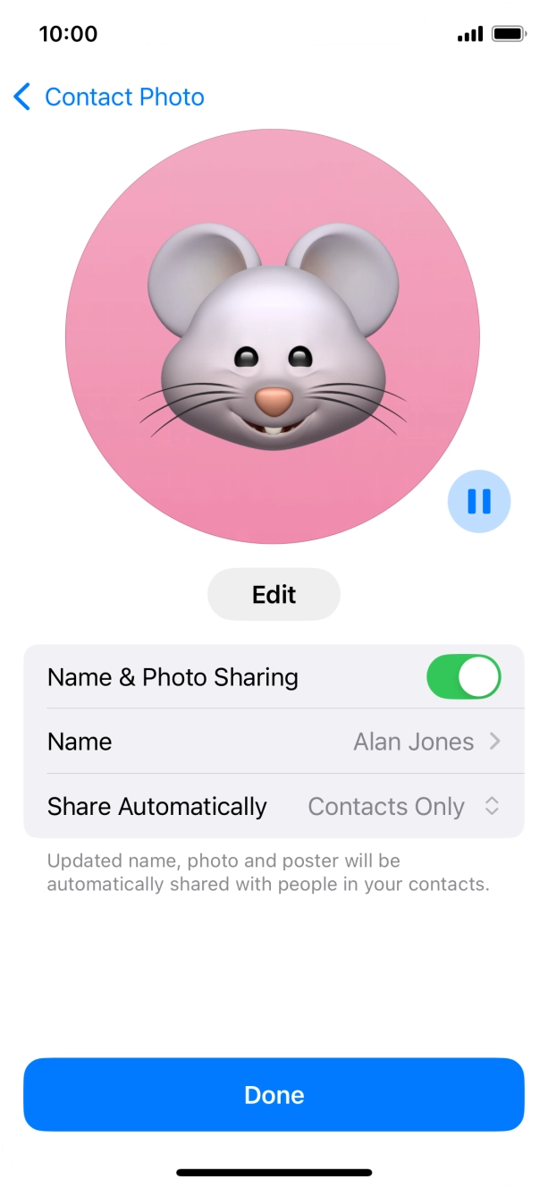 Press the indicator next to 'Name & Photo Sharing' to turn the function on or off. Press the indicator next to 'Name & Photo Sharing' to turn the function on or off.