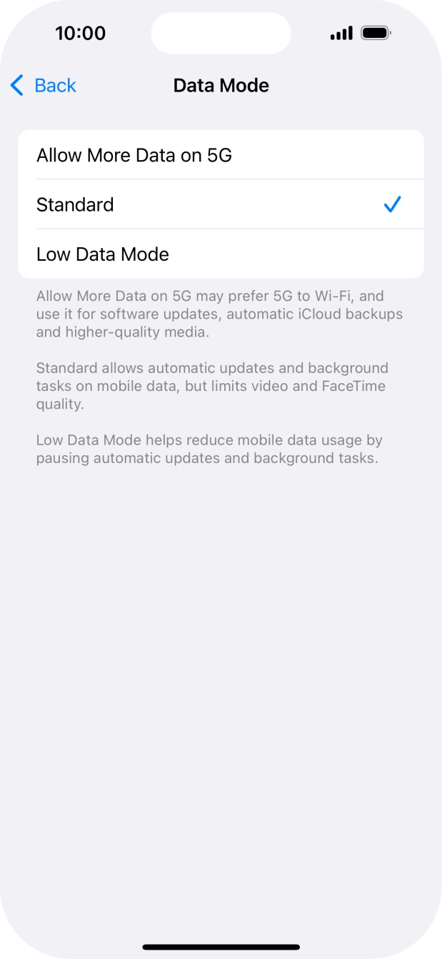 Press the required setting.
