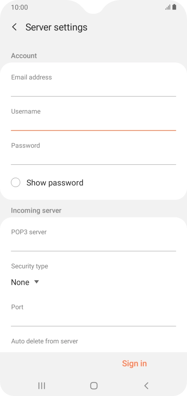 Press the field below 'POP3 server' and key in the name of your email provider's incoming server. Press the field below 'POP3 server' and key in the name of your email provider's incoming server.