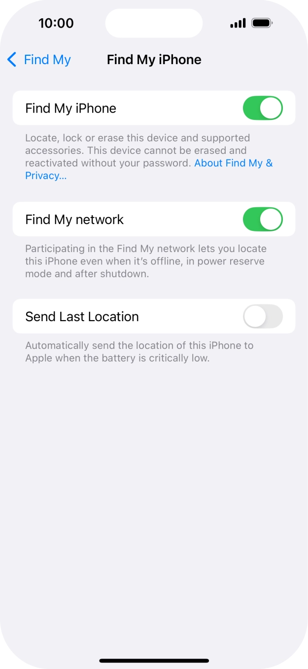 Press the indicator next to 'Find My network' to turn the function on or off. If you turn on the function, you need to follow the instructions on the screen to finish the activation.