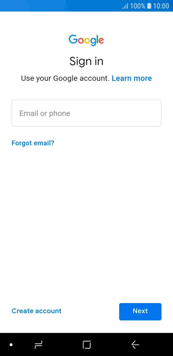 If you don't have a Google account, press Create account and follow the instructions on the screen to create an account.