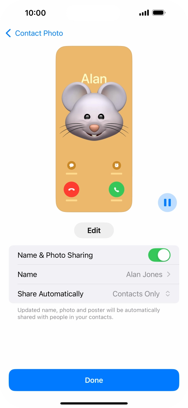 Press the indicator next to 'Name & Photo Sharing' to turn the function on or off. Press the indicator next to 'Name & Photo Sharing' to turn the function on or off.