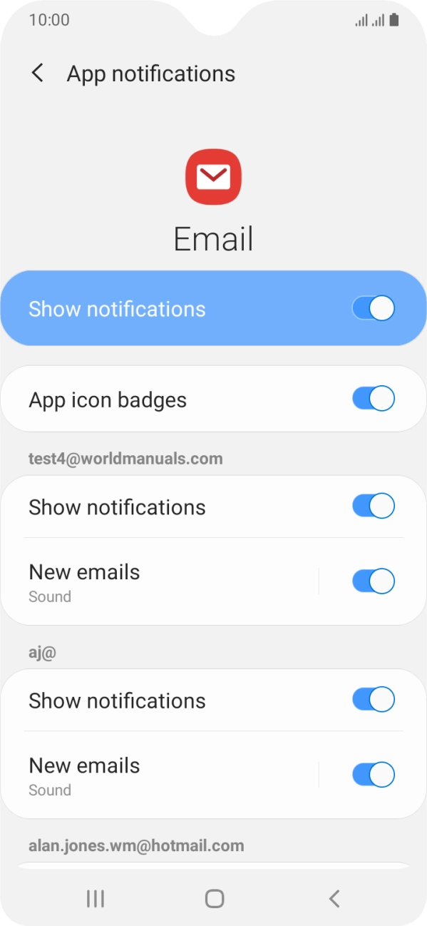 Press the indicator next to 'Show notifications' below the required email account to turn the function on or off. Press the indicator next to 'Show notifications' below the required email account to turn the function on or off.