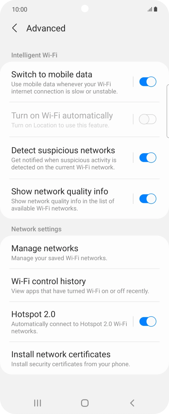 Press the indicator next to 'Switch to mobile data' to turn the function on or off. Press the indicator next to 'Switch to mobile data' to turn the function on or off.