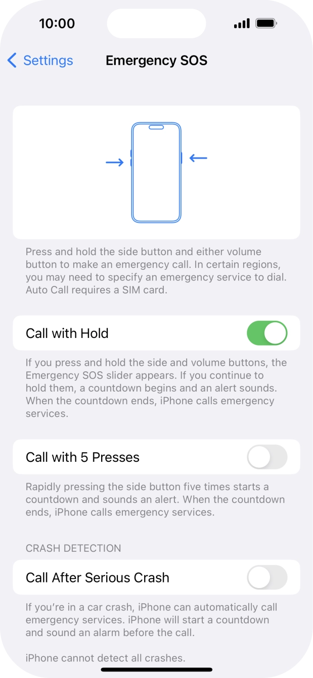 Press the indicator next to 'Call After Serious Crash' to turn on the function.