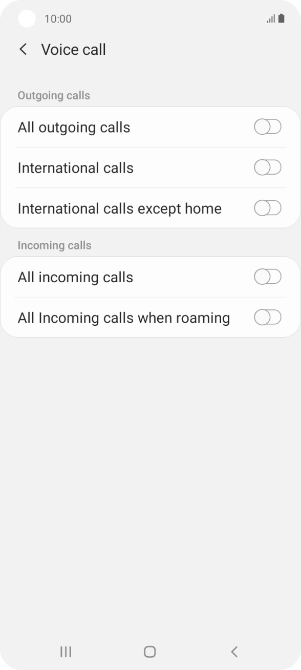 Press the indicator next to the required barring type to turn the function on or off.
