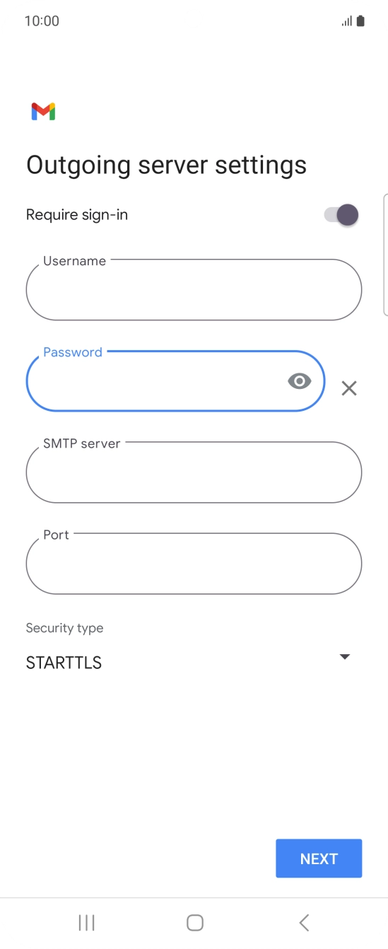 Press the field below 'SMTP server' and key in the name of your email provider's outgoing server. Press the field below 'SMTP server' and key in the name of your email provider's outgoing server.