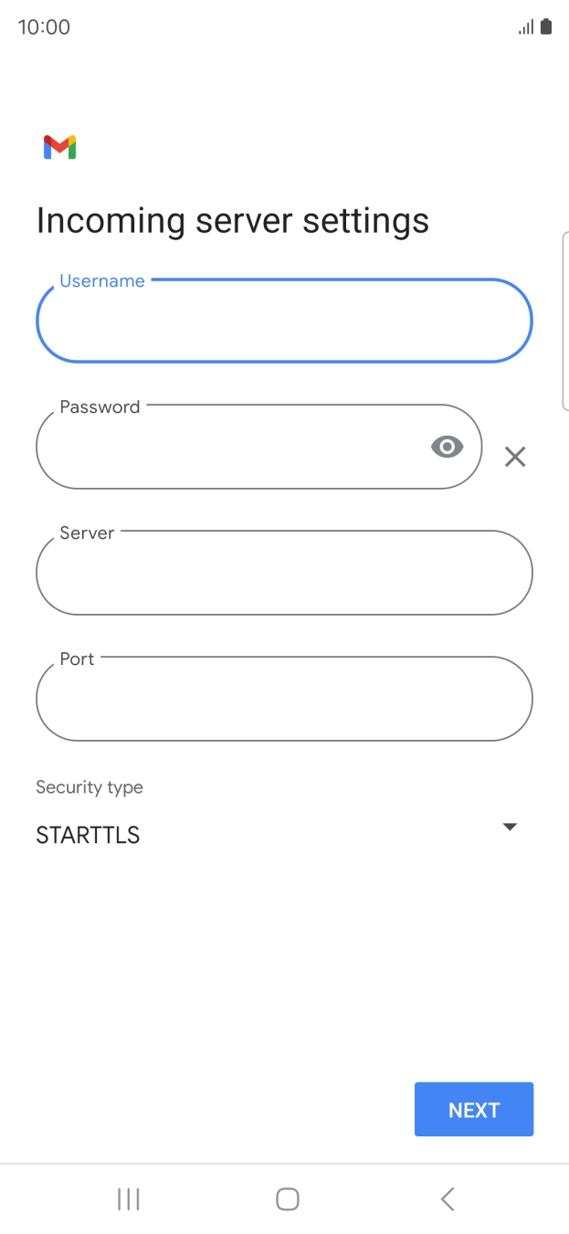 Press the field below 'Server' and key in the name of your email provider's incoming server. Press the field below 'Server' and key in the name of your email provider's incoming server.