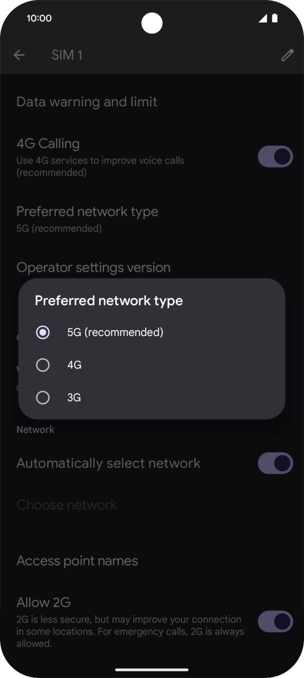 Press the required network mode.
