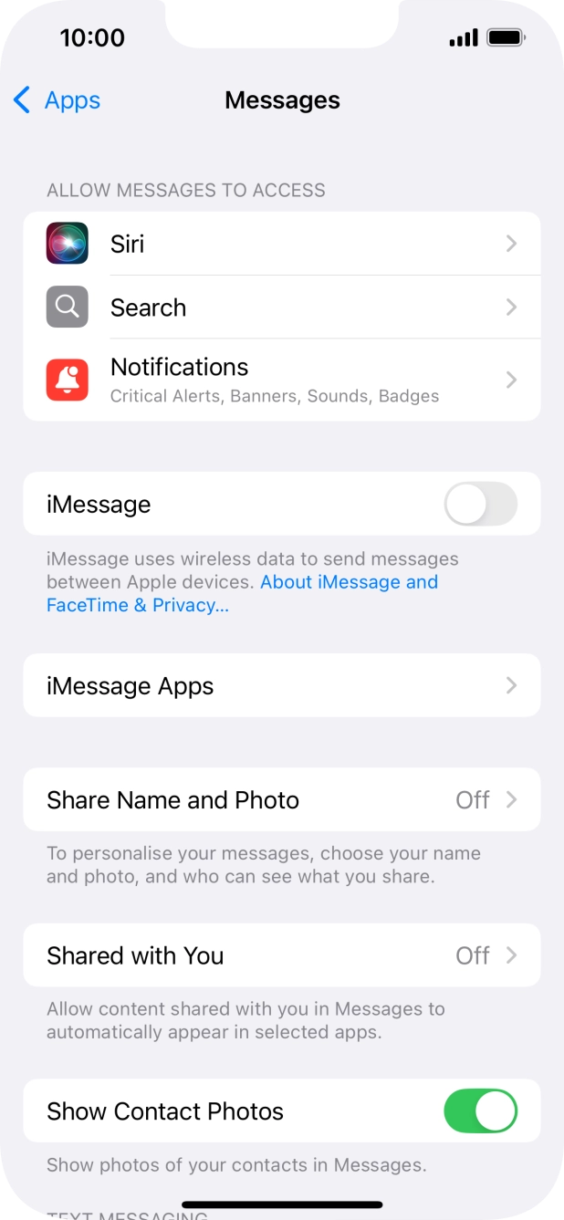 Press the indicator next to 'iMessage' to turn on the function.