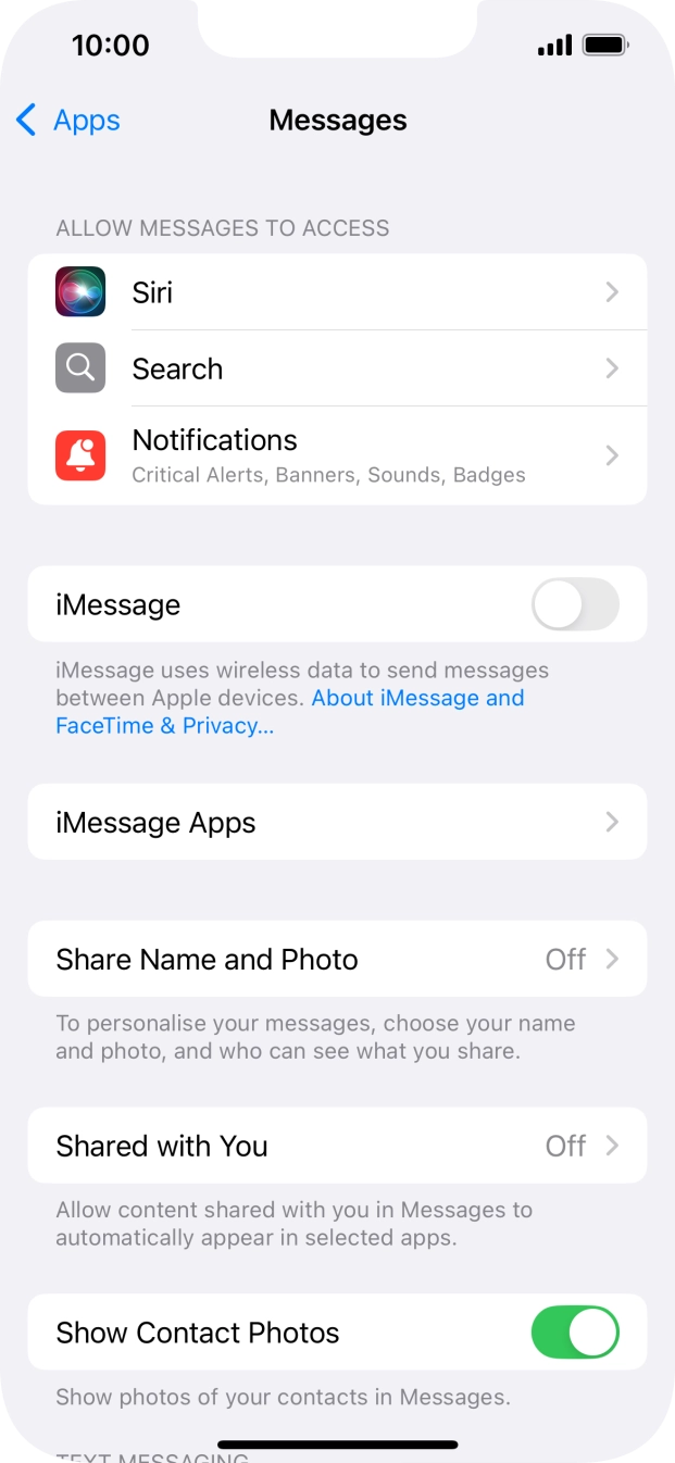 Press the indicator next to 'iMessage' to turn on the function.