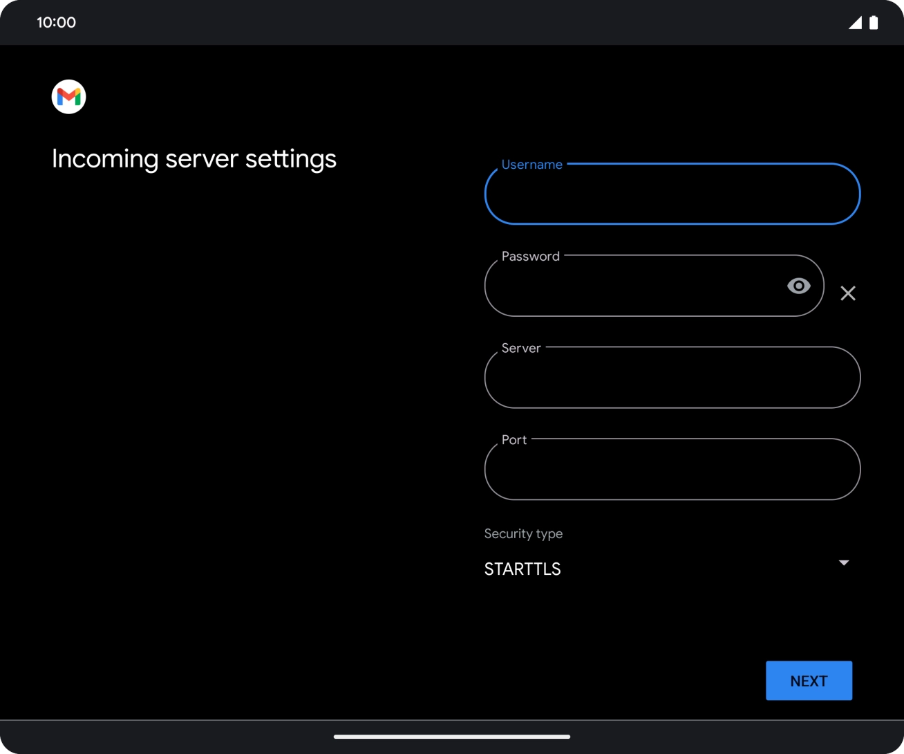 Press the field below 'Server' and key in the name of your email provider's incoming server. Press the field below 'Server' and key in the name of your email provider's incoming server.