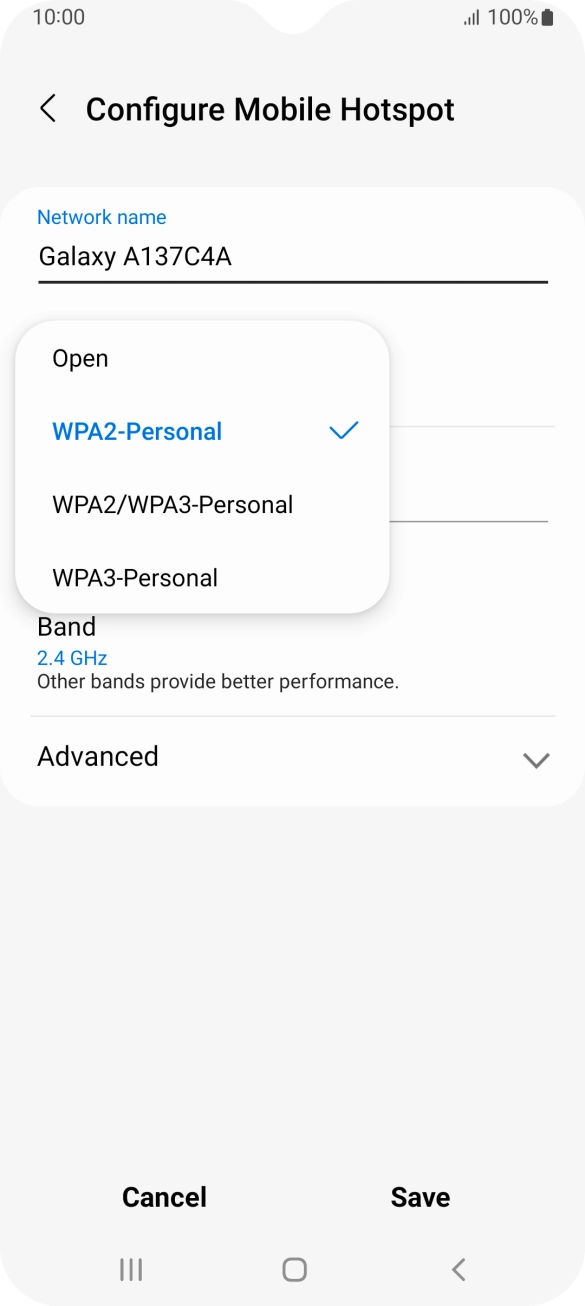 Press WPA3-Personal to password protect your WiFi hotspot. Press WPA3-Personal to password protect your WiFi hotspot.