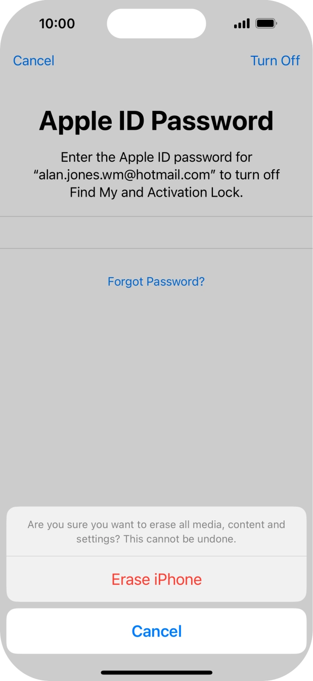 Key in the password for your Apple ID and press Erase iPhone. Wait a moment while the factory default settings are restored. Follow the instructions on the screen to set up your phone and prepare it for use.