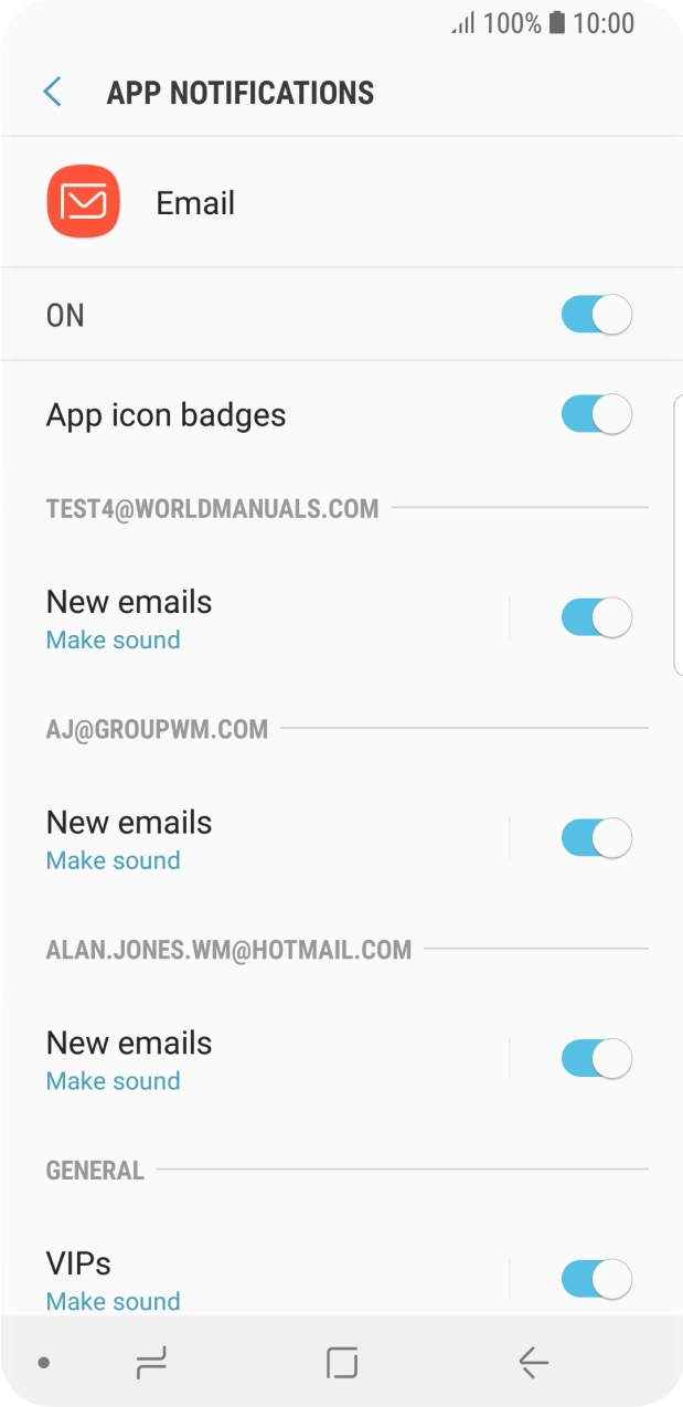 Press the indicator below the required email account to turn the function on or off. Press the indicator below the required email account to turn the function on or off.