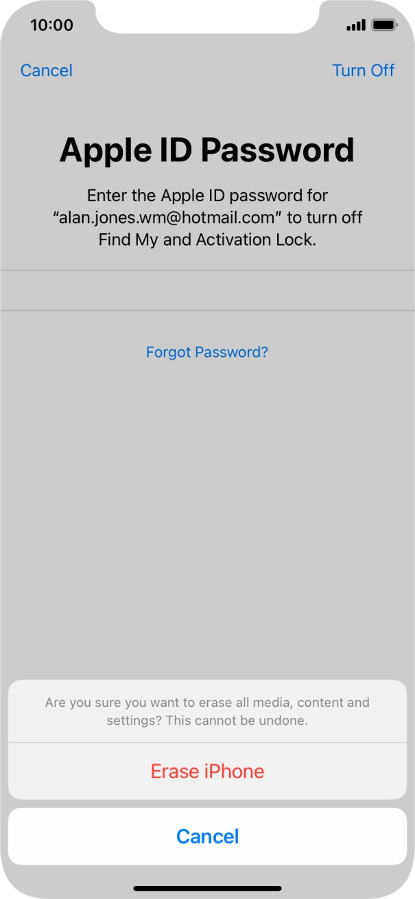Key in the password for your Apple ID and press Erase iPhone. Wait a moment while the factory default settings are restored. Follow the instructions on the screen to set up your phone and prepare it for use.