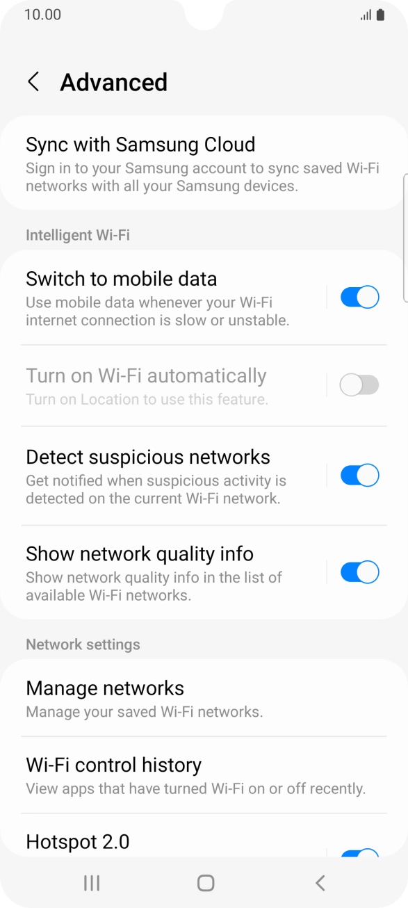 Press the indicator next to 'Switch to mobile data' to turn the function on or off. Press the indicator next to 'Switch to mobile data' to turn the function on or off.