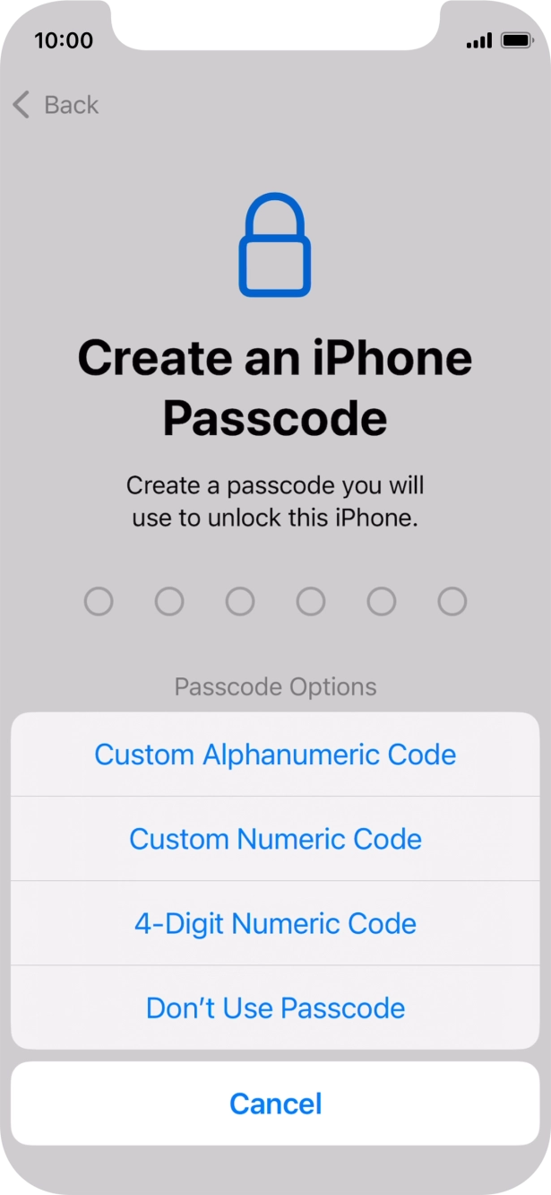 Follow the instructions on the screen to turn on the phone lock code or press Don't Use Passcode.
