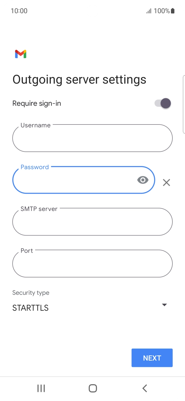 Press the field below 'SMTP server' and key in the name of your email provider's outgoing server. Press the field below 'SMTP server' and key in the name of your email provider's outgoing server.
