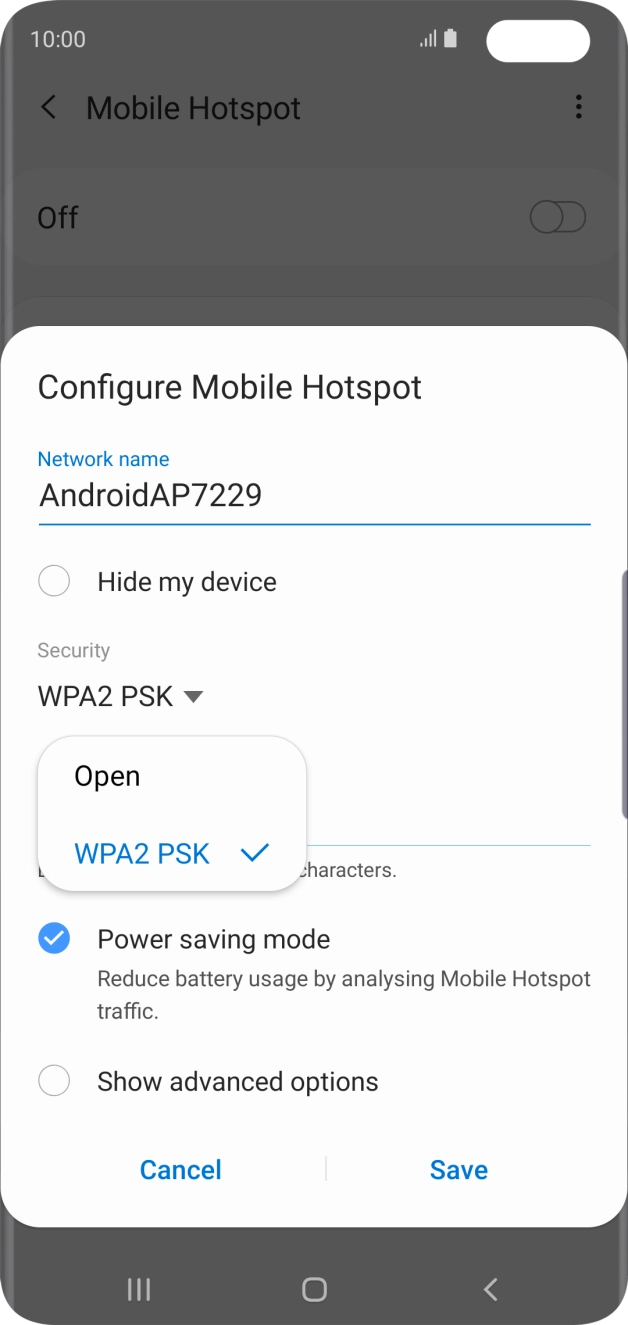 Press WPA2 PSK to password protect your WiFi hotspot.