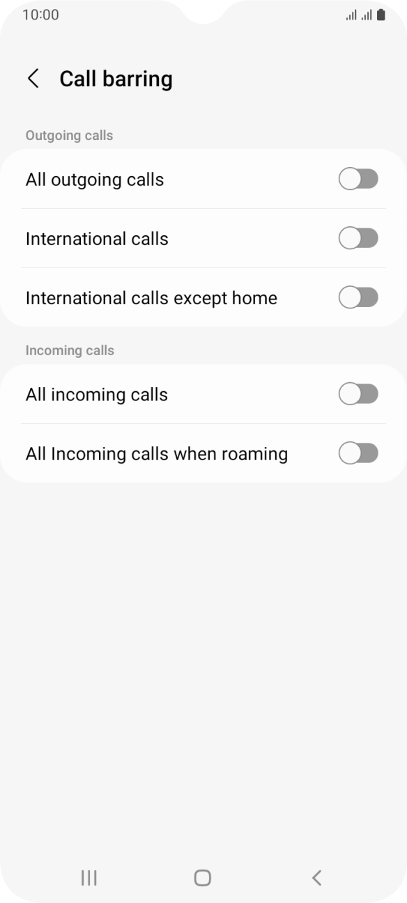 Press the required barring type to turn the function on or off.