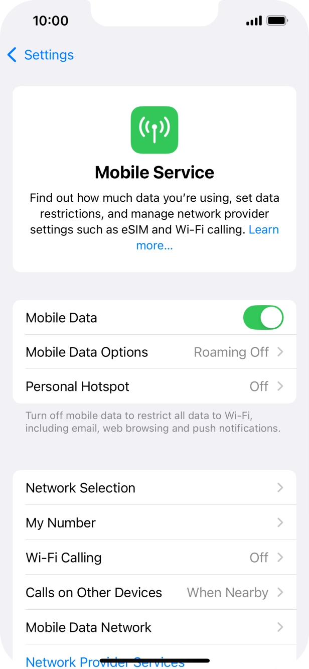 Press the indicator next to 'Mobile Data' to turn the function on or off. Press the indicator next to 'Mobile Data' to turn the function on or off.