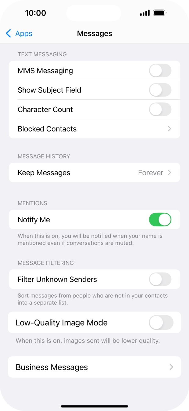 Press the indicator next to 'MMS Messaging' to turn on the function. Press the indicator next to 'MMS Messaging' to turn on the function.