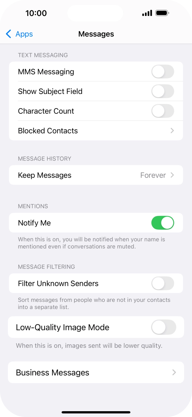 Press the indicator next to 'MMS Messaging' to turn on the function. Press the indicator next to 'MMS Messaging' to turn on the function.