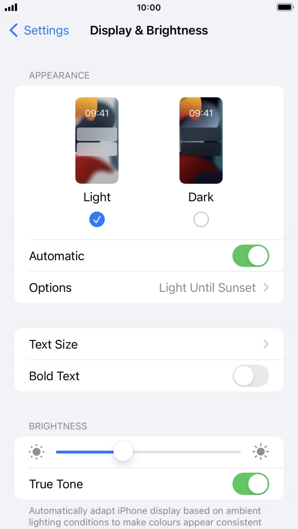 If you turn on the function, press Options and follow the instructions on the screen to select the required period of time for Dark Mode. If you turn on the function, press Options and follow the instructions on the screen to select the required period of time for Dark Mode.